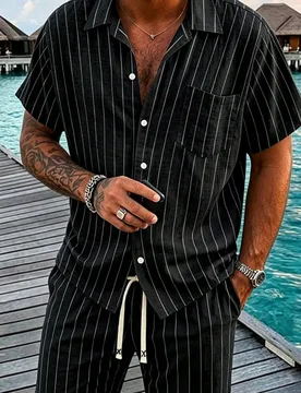 Conjunto casual de 2 piezas para hombre de lino a rayas negras, camisa de manga corta y pantalones cortos casuales, atuendo casual de verano para vaca - Shein - FashionsVida