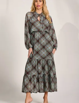 Women's Chiffon Long Sleeve Tiered Maxi Dress in Dark Brown Size: 12 - Dark Brown - Size: 12 - Jolie Moi - FashionsVida