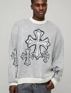 Men's Tall Oversized Boxy Fluffy Cross Jacquard Knitted Jumper Ecru Size Medium Ecru M - boohooMAN - FashionsVida