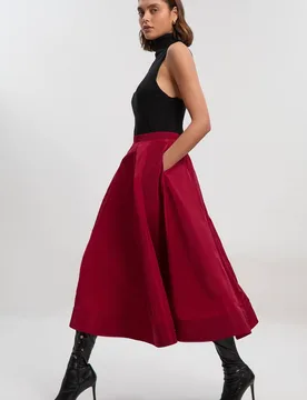Women's Drama Taffeta Woven Midi Skirt in Burgundy Size: 10 - Burgundy - Size: 10 - Karen millen - FashionsVida