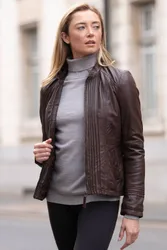 Women's Real Leather Mandarin Collar Jacket in Brown Size: 20 - Brown - Size: 20
