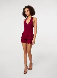 Womens Lace Ruffle Playsuit - Wine - Size Small