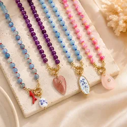 Boho Natural Stone Beaded Necklace for Women Statement Colorful Heart Charm Pendant Necklaces Summer Beach Chic Jewelry Gift