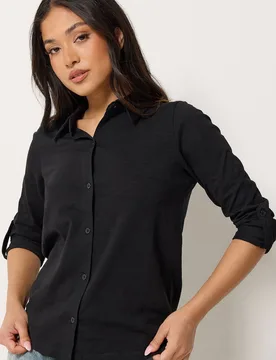 Women's Petite Button Cotton Shirt in Black Size: 8 - Black - Size: 8 - PixieGirl - FashionsVida