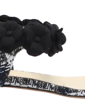 Black and White Tweed Camellia Embellished Sandals - Chanel - FashionsVida