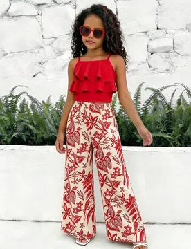Conjunto de vacaciones para niñas preadolescentes, camiseta de tirantes con volantes en capas + pantalones anchos con estampado floral, y elegante pa - Shein - FashionsVida