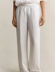 Linen Blend Striped Wide Leg Trousers Cream female