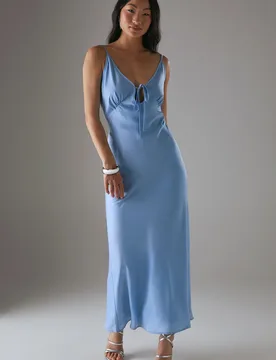 Womens Petite Satin Strappy Tie Front Maxi Slip Dress - Pale Blue - Size 16 Uk - Warehouse - FashionsVida