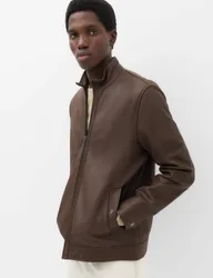 Funnel Neck Leather BikerJacket Dark Brown male