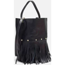 Bolso de hombro de piel bucket fringes sin cierre