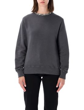 Distressed Cotton Sweatshirt with Cabochon Embellished Crewneck & Double Star Back