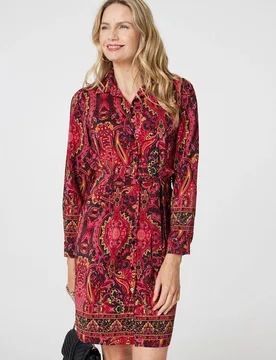 Women's Mosaic Print Long Sleeve Short Shirt Dress in Pink Size: 12 - Pink - Size: 12 - Izabel London - FashionsVida