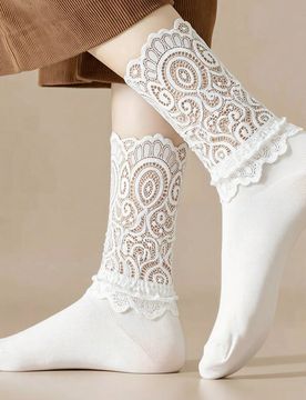 Par de calcetines de media caña para mujer de unicolor con parches de encaje, estilo retro, suaves y cómodos