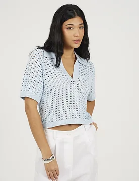 Pointelle Knit Collared T-Shirt - Blue - Size: M - Brave soul - FashionsVida