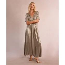 Vestido largo en tejido brillante con lazada
