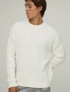 Herren Locker Geschnittener Zopfmuster-Pullover Ecru Größe Small - boohooMAN - FashionsVida