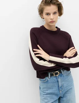 Cotton Rich Striped Crew Neck Jumper Dark Aubergine female - M&S - FashionsVida