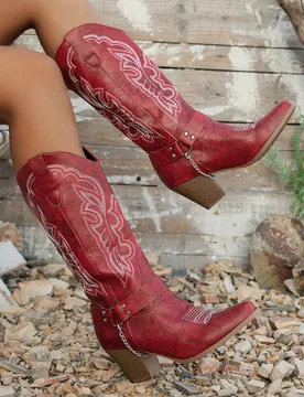 Botas occidentales con bordados nuevas para mujer, primavera/otoño 2024. Botas casuales de moda para exteriores, con hebilla y cadena, de media panto - Shein - FashionsVida