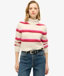 Superdry Damen Gestreifter Rollkragenpullover mit Verkürztem Schnitt Weiß - Größe: 42