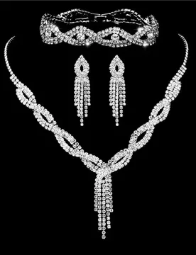 Rhinestone Tassel Women's Jewelry Set Zircon Bracelet V-Necklace Wedding Bridal Accessories Water Drop Pendant Earrings - Aliexpress - FashionsVida