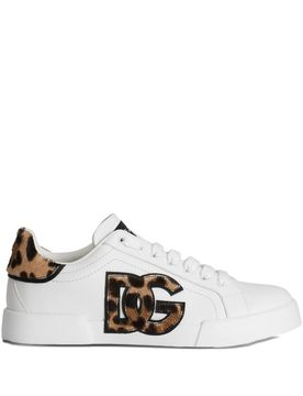 Leather Sneaker with Leopard DG Patch and 15 mm EVA Sole