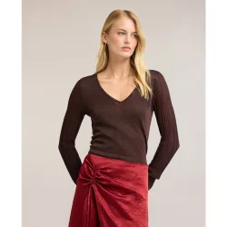 Jersey de mujer de lurex con escote en v de viscosa ajuste slim largo medio