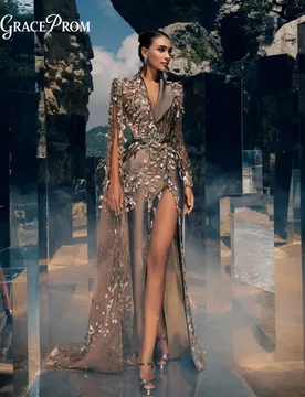 Romantic Lapel Collar Cape Sleeve Beaded Tulle Evening Gown 2027 Deep V High Slit Formal Wedding Guest Prom Dress فساتين سهرة - Aliexpress - FashionsVida