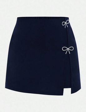 Falda pantalón para niñas preadolescentes de verano, versátil, de estilo urbano y casual, con decoración de moño con strass, adecuada para cualqu