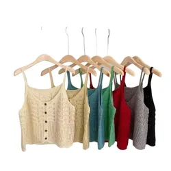 A New Loose Layering Wavy Vest Top for Women in The Early Autumn with Solid Color Checkered Openwork Cardigan and Halter Top