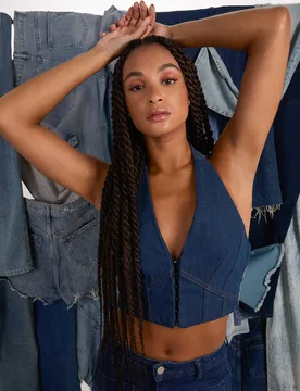 Womens Denim Halterneck Crop Top - Blue - Size Large - Pink Vanilla - FashionsVida