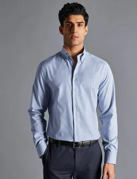 Non Iron Pure Cotton Striped Oxford Shirt Blue male - Charles Tyrwhitt - FashionsVida
