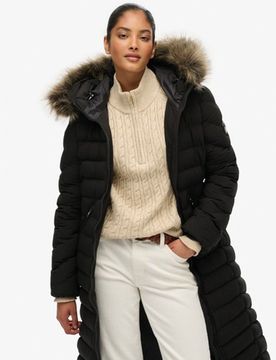 Superdry Damen Fuji Fellimitat Kapuze Langjacke Black - Größe: 36