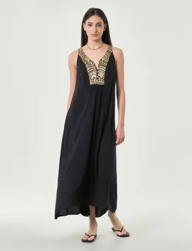 Abito lungo nero in cotone con ricami dorati e top a vela - Greek Archaic Kori - FashionsVida