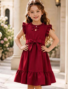 Vestido mini estilo francés burdeos para niñas, cuello de volantes, lazo delantero, mangas cortas, lazo en la cintura, falda evasé con volantes en