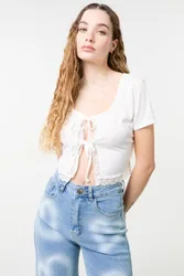 Women's Ivory Ribbed Lace Tie Front Top Size: Medium/Large - Ivory - Size: M/L