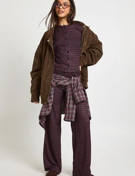 Womens Stripe Button Through Long Sleeve Top & Trouser Co Ord - Purple - Size 12 Uk - Boohoo - FashionsVida