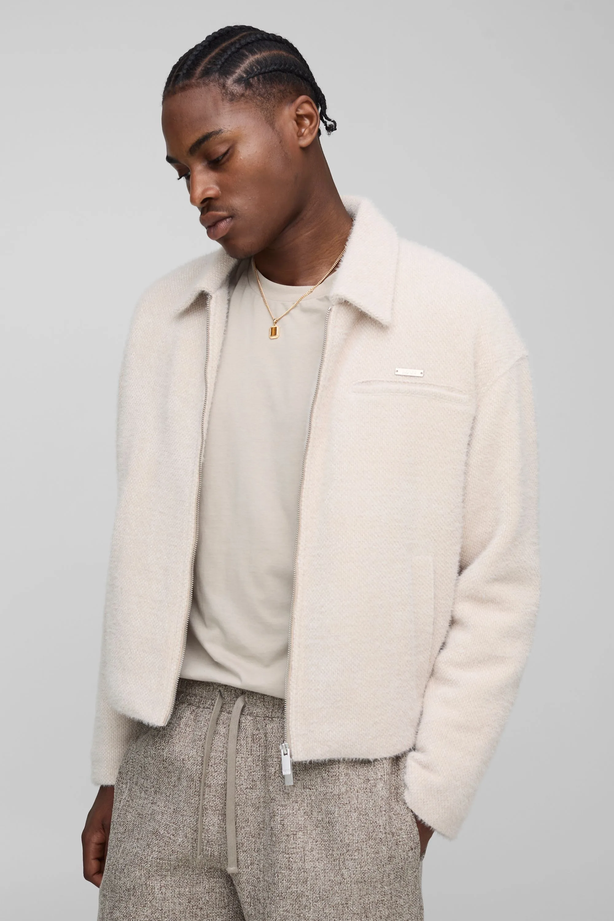 Mens Boxy Fit Textured Harrington Jacket - Ecru - Size X-Large - boohooMAN - FashionsVida