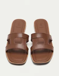 Leather Flat Mule Sandals Dark Tan female