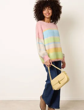 Women's Multi Round Neck Stripe Jumper Size: Small/Medium - Multicolor - Size: S/M - Blue Vanilla - FashionsVida