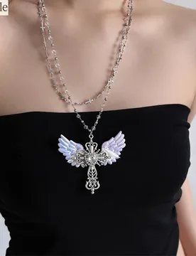 Y2K Trendy Angel Wing Cross Pendant Necklace for Women Unique Transparent Beaded Layered Clavicle Chain Fashion Jewelry Gift - Aliexpress - FashionsVida