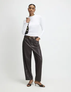 Womens Trousers Brown Faux Leather Barrel Leg Pu - Size 8 Uk - River Island - FashionsVida