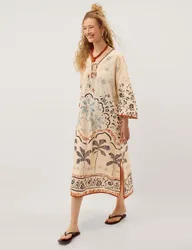 Pure Cotton Printed Beach Cover Up Kaftan Ivory Mix female