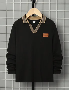 Chico preadolescente Camisa polo con diseño de parche de letra de cuello en contraste - Shein - FashionsVida