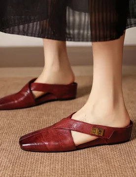 Genuine Leather Cowhide Women's Sandals, Square Toe Cross Women Mules,Hollow out Breathable Summer Slippers,Fashion Women Shoes - Aliexpress - FashionsVida