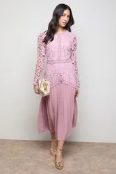 Womens Lace Bodice Pleated Skirt Long Sleeve Midi Dress - Light Pink - Size 18 Uk