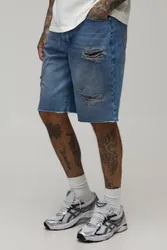 Herren Lange Locker Geschnittene Zerrissene Gewaschene Denim-Shorts Washed Blue Größe 34