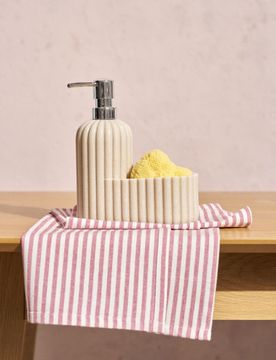 Dispenser di sapone rigato con porta spugna - beige