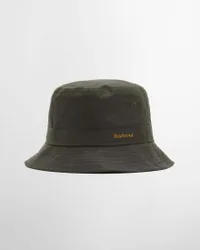 Bucket hat Besleay verde oliva in cotone cerato con fodera interna a fantasia tartan