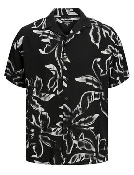 Camicia nera mezza manica in pura viscosa con fantasia piante bianche - Jack & jones - FashionsVida