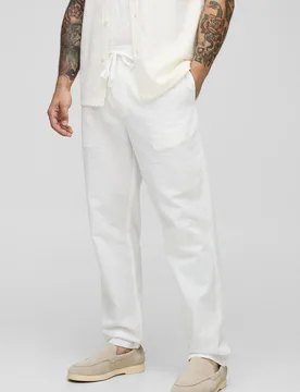 Mens Elasticated Tapered Fit Striped Seersucker Trousers - White Cotton - Size X-Large - boohooMAN - FashionsVida